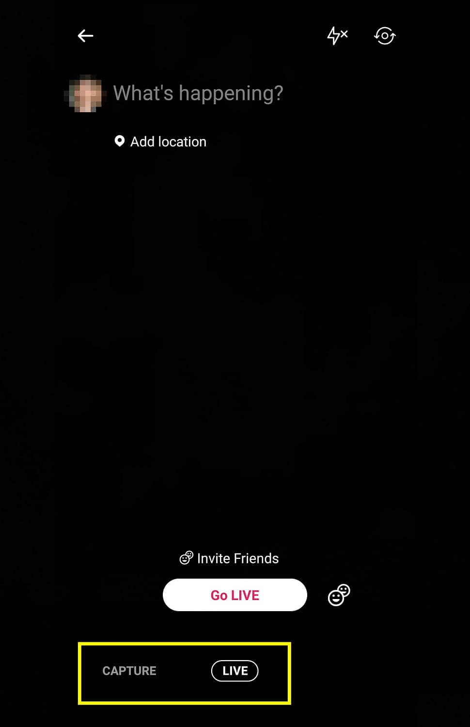 The Twitter Live option in the camera interface.