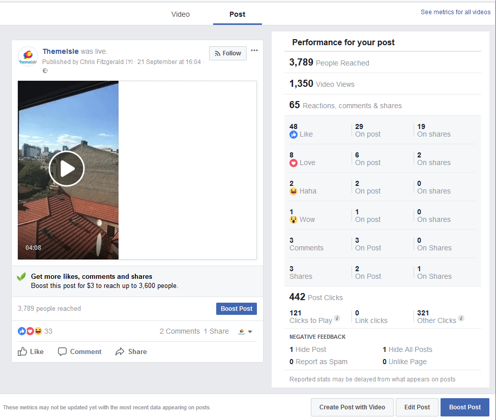 Live Stream 2 results in Facebook