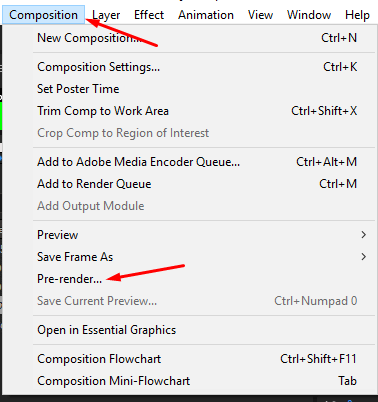 Find pre render in the composition menu