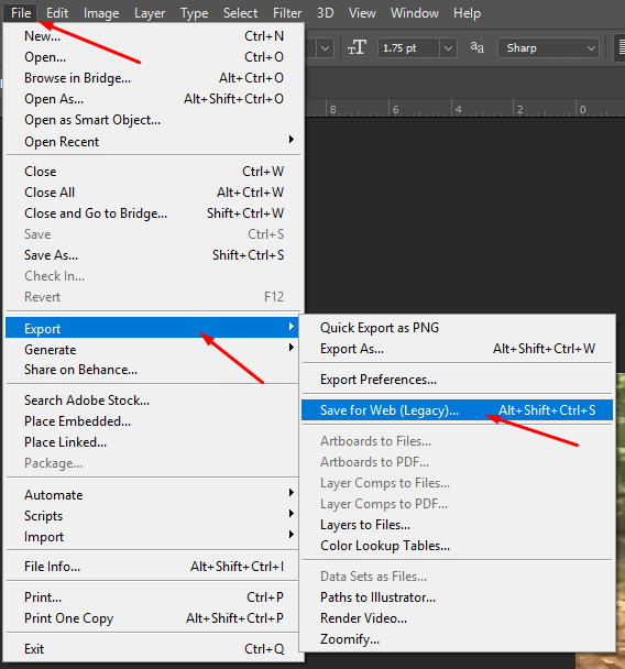 The export options are found in the file menu. To access GIF you need to Save for web