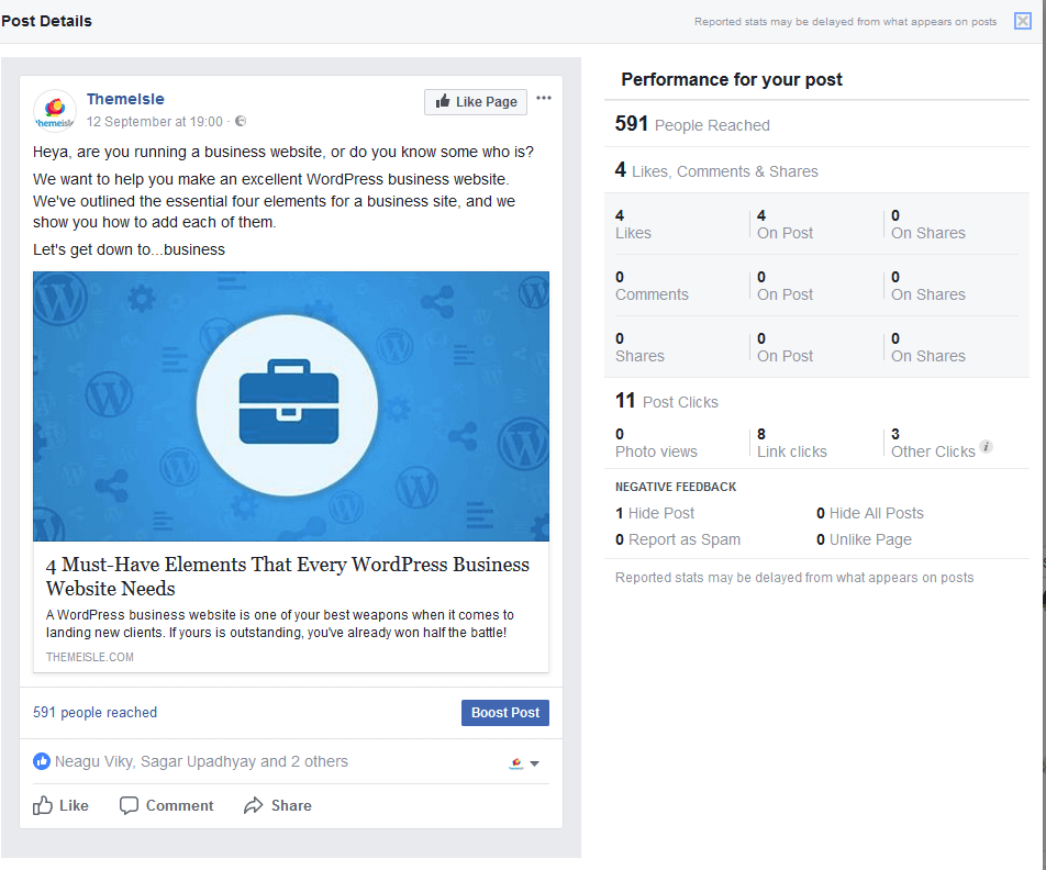 The results of a recent link post fail on Facebook