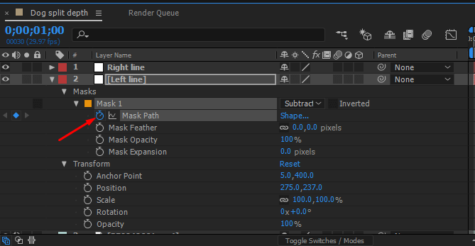 Setting the key frame on the mask path