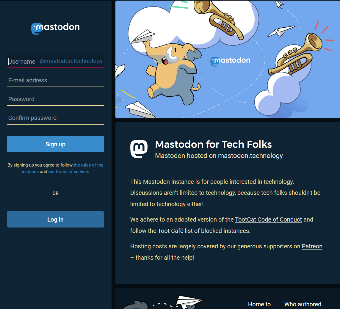 Mastadon.Technology instance sign up page