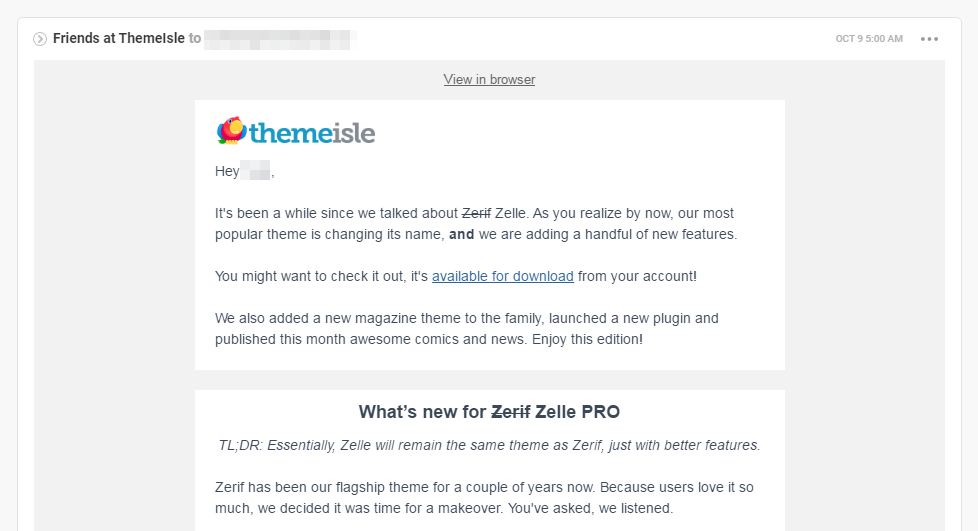 An example of a ThemeIsle email newsletter.