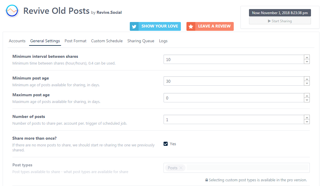 The Revive Old Posts settings.