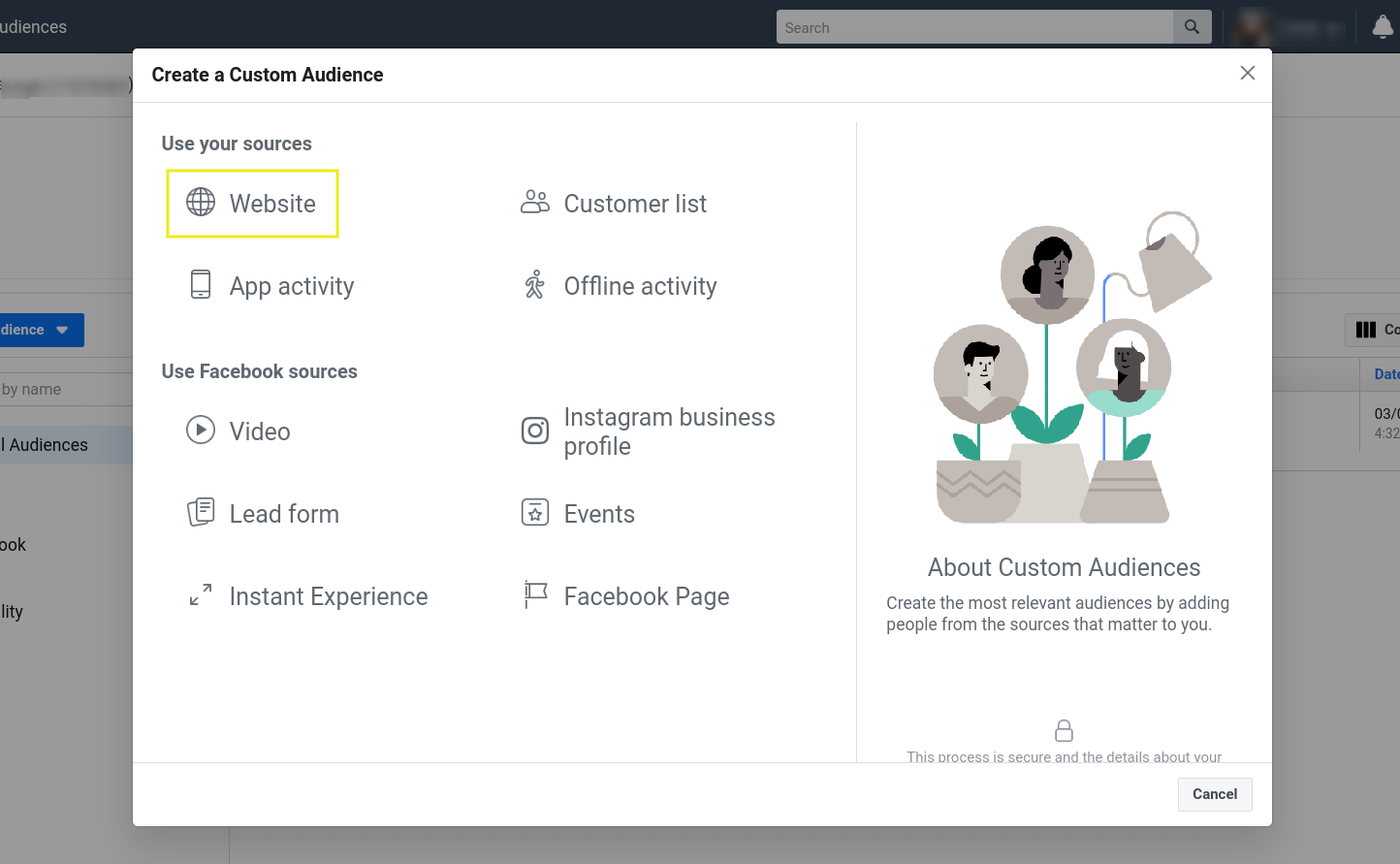 The list of sources available to create a custom Facebook audience from.