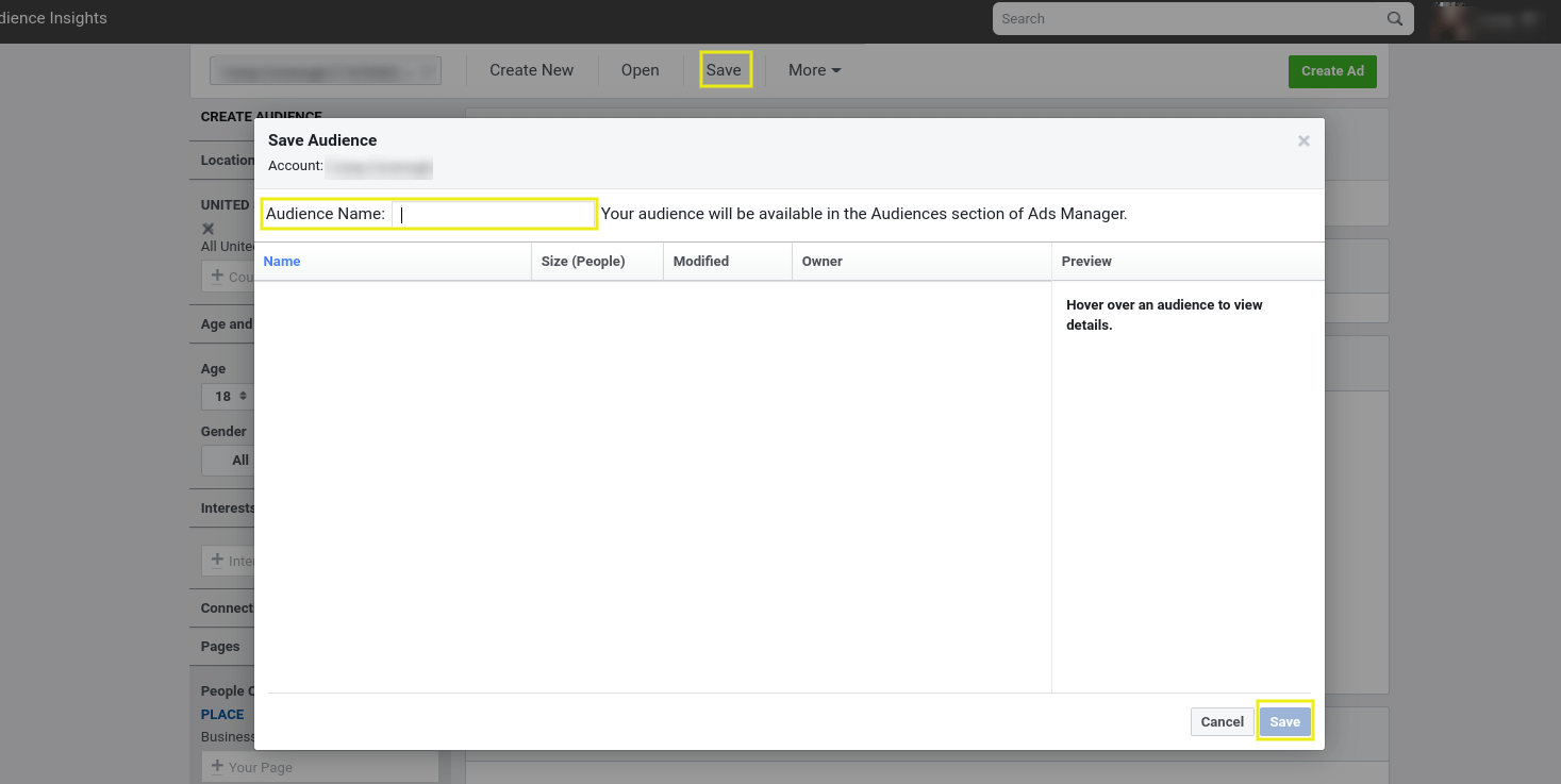 The page to save a new audience in Facebook Audience Insights.