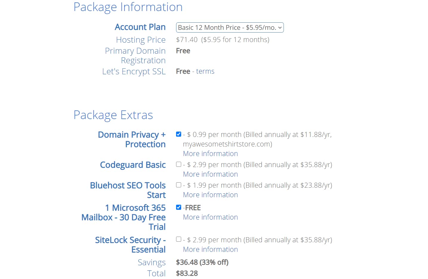 package info to set up a free business email address through bluehost