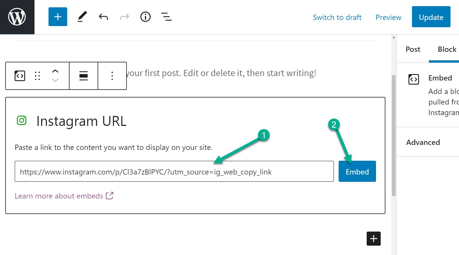 paste in link - embed Instagram posts