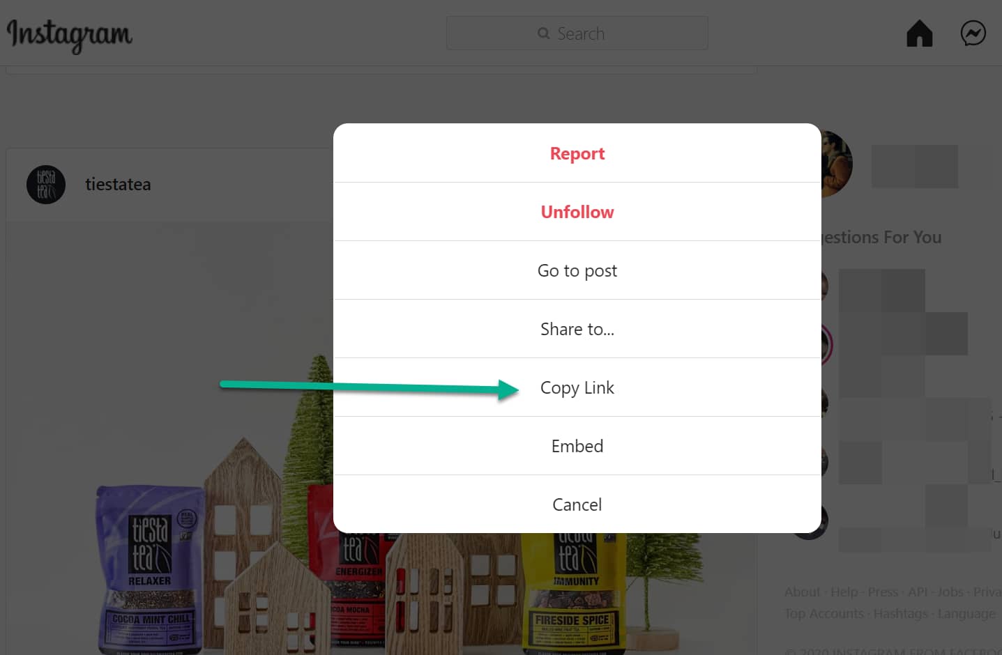 copy link button to embed Instagram posts