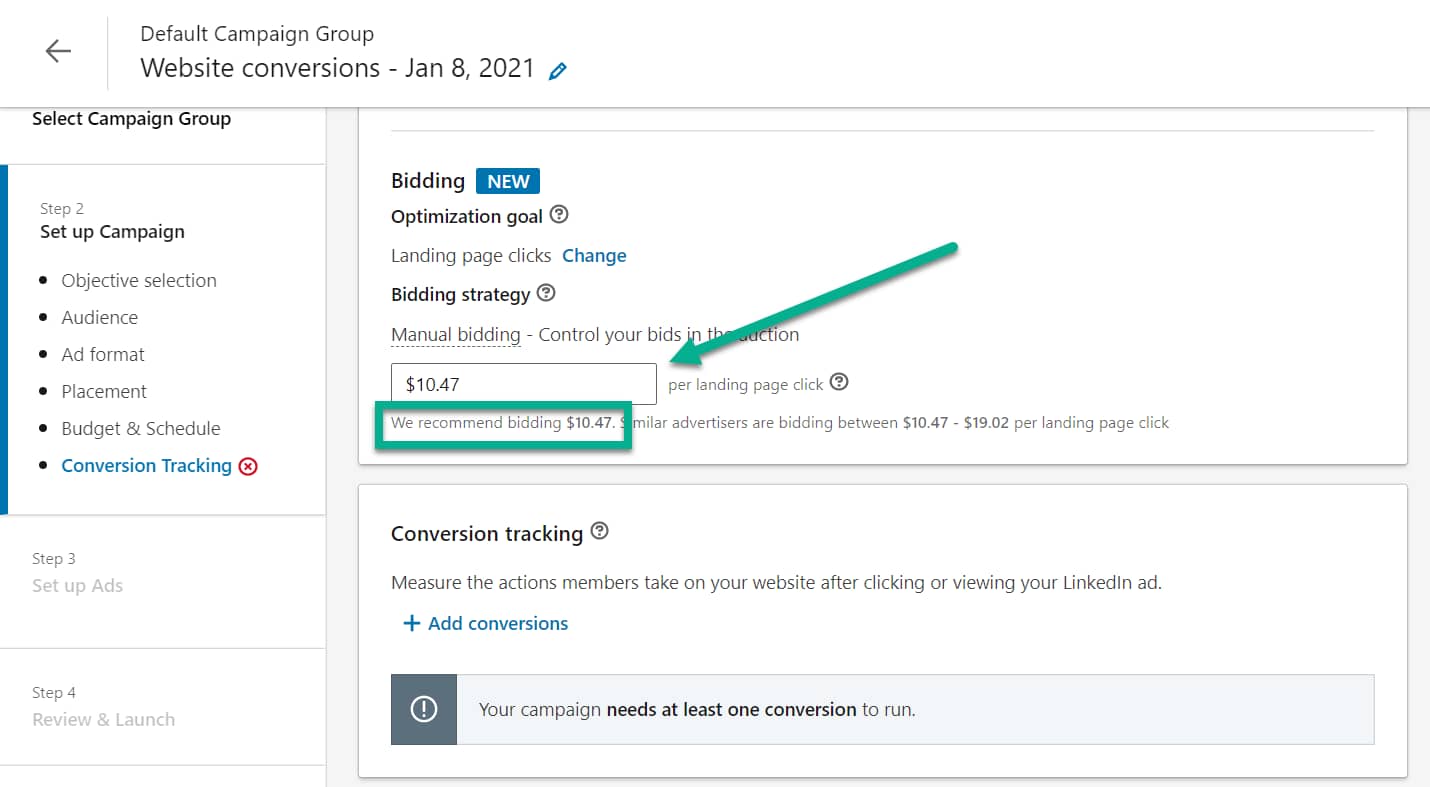 bidding for LinkedIn text ads