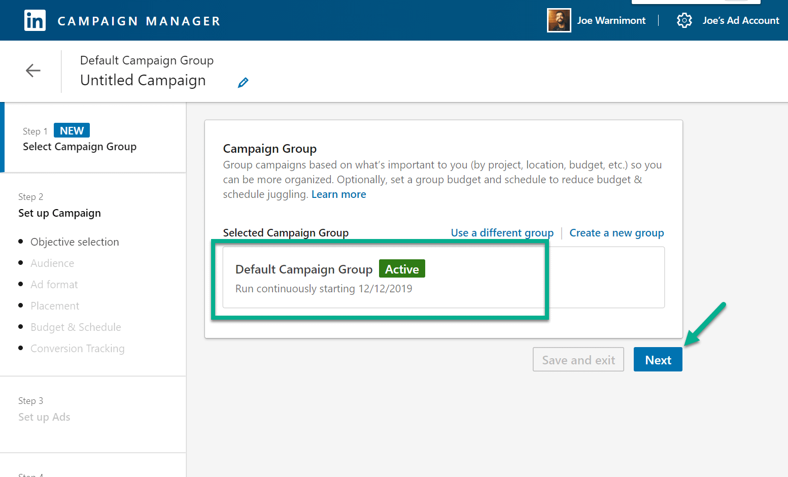 choose group for LinkedIn text ads