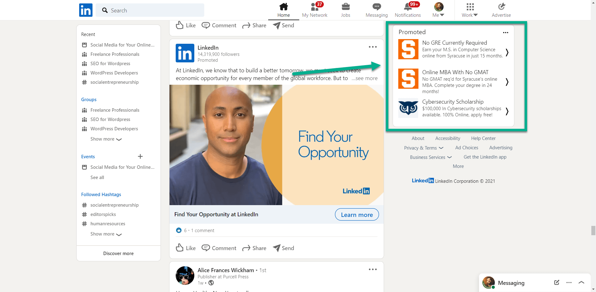 LinkedIn text ads on sidebar