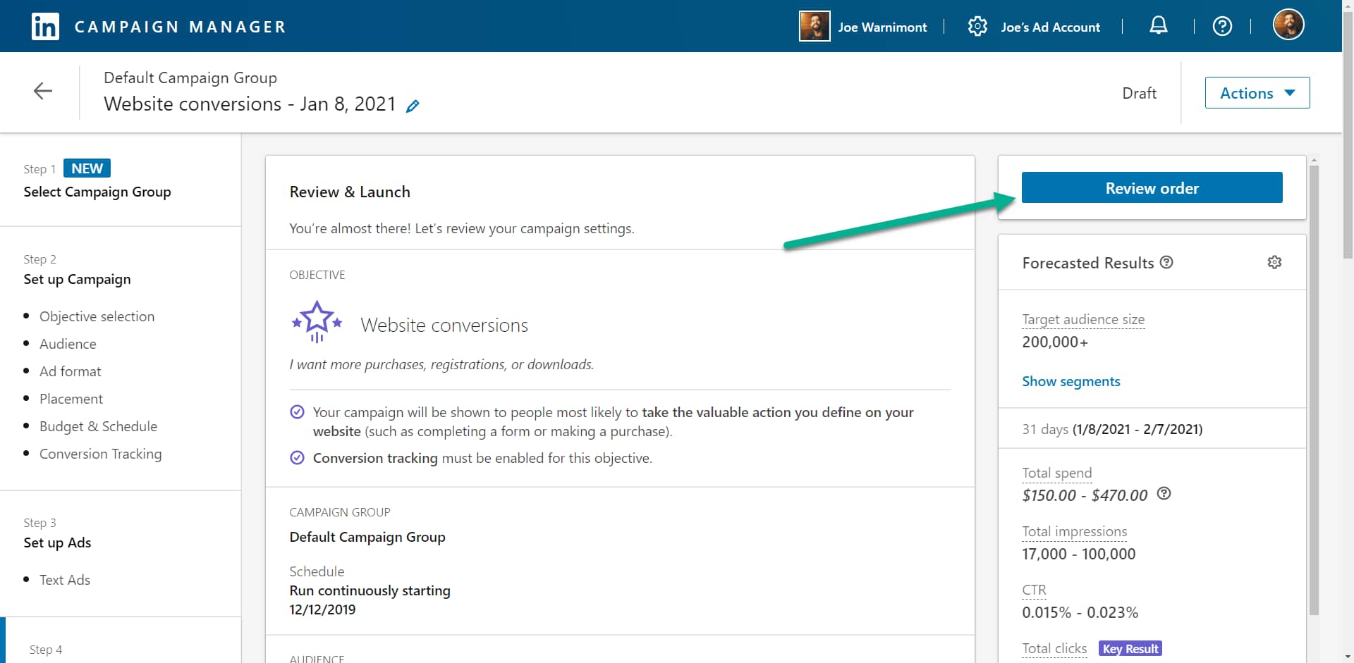 review order for LinkedIn text ads