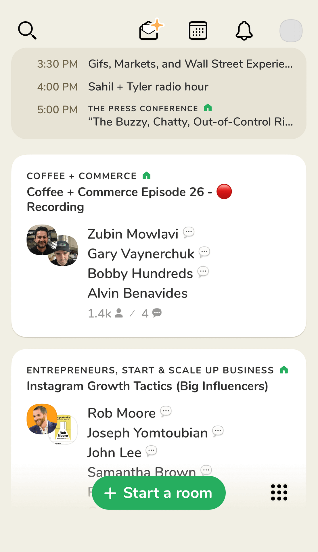 The home screen for the app Clubhouse showing different "rooms".