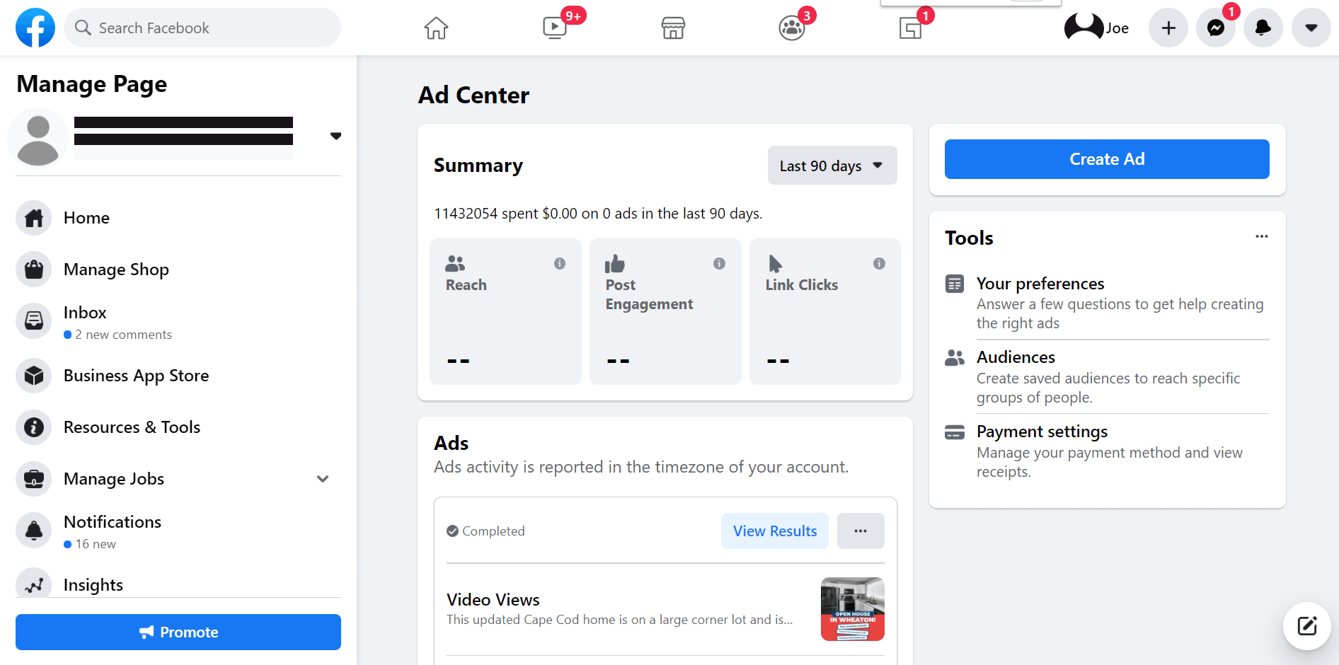 the ads manager page.