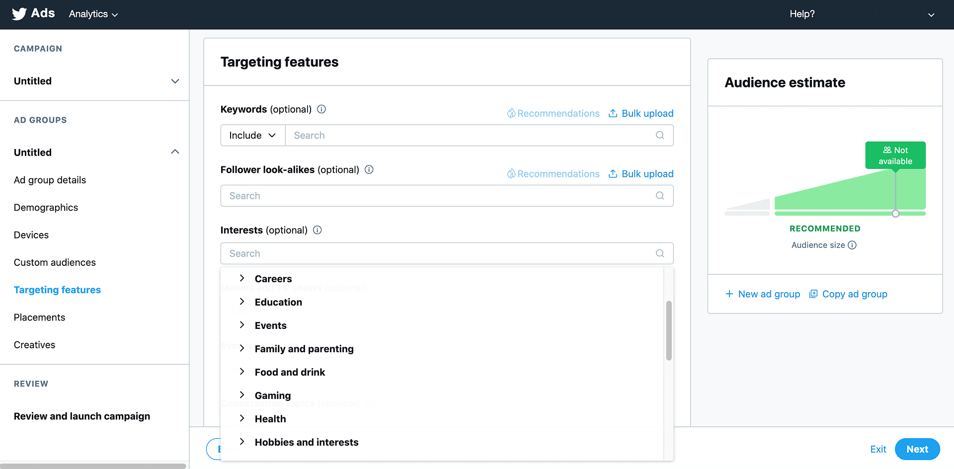 Twitter's targeting features settings.