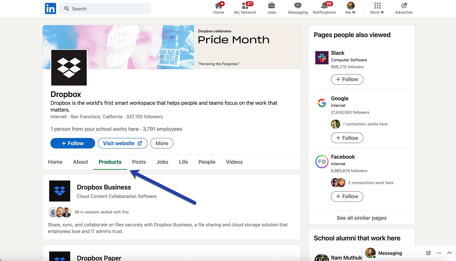 the LinkedIn Product Pages tab 