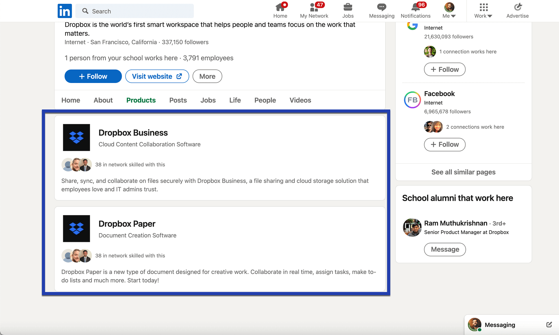 a list of product pages