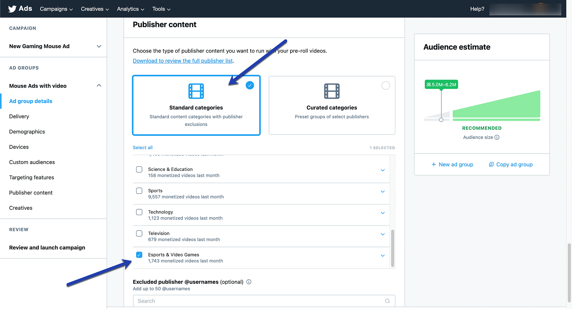standard categories for Twitter Amplify pre-roll ads