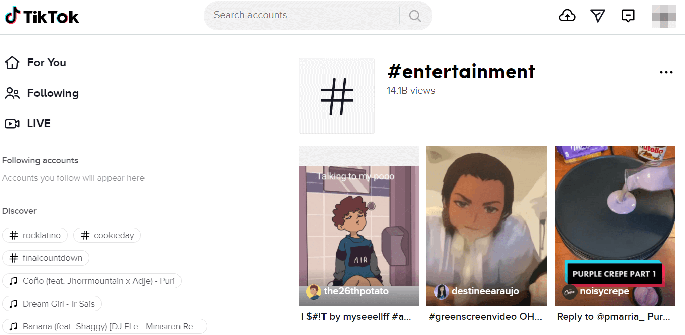 TikTok entertainment tag landing page