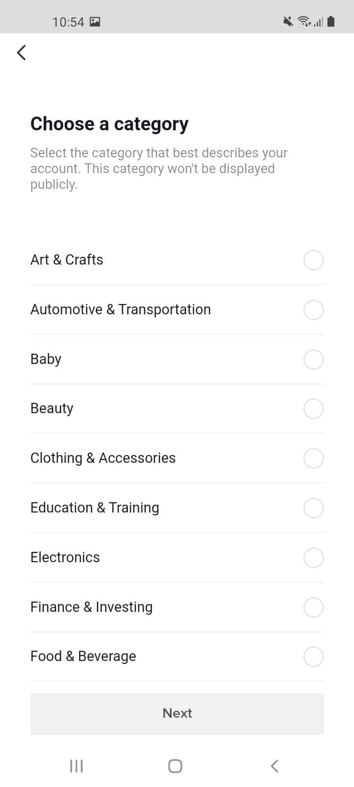 TikTok Pro account category options