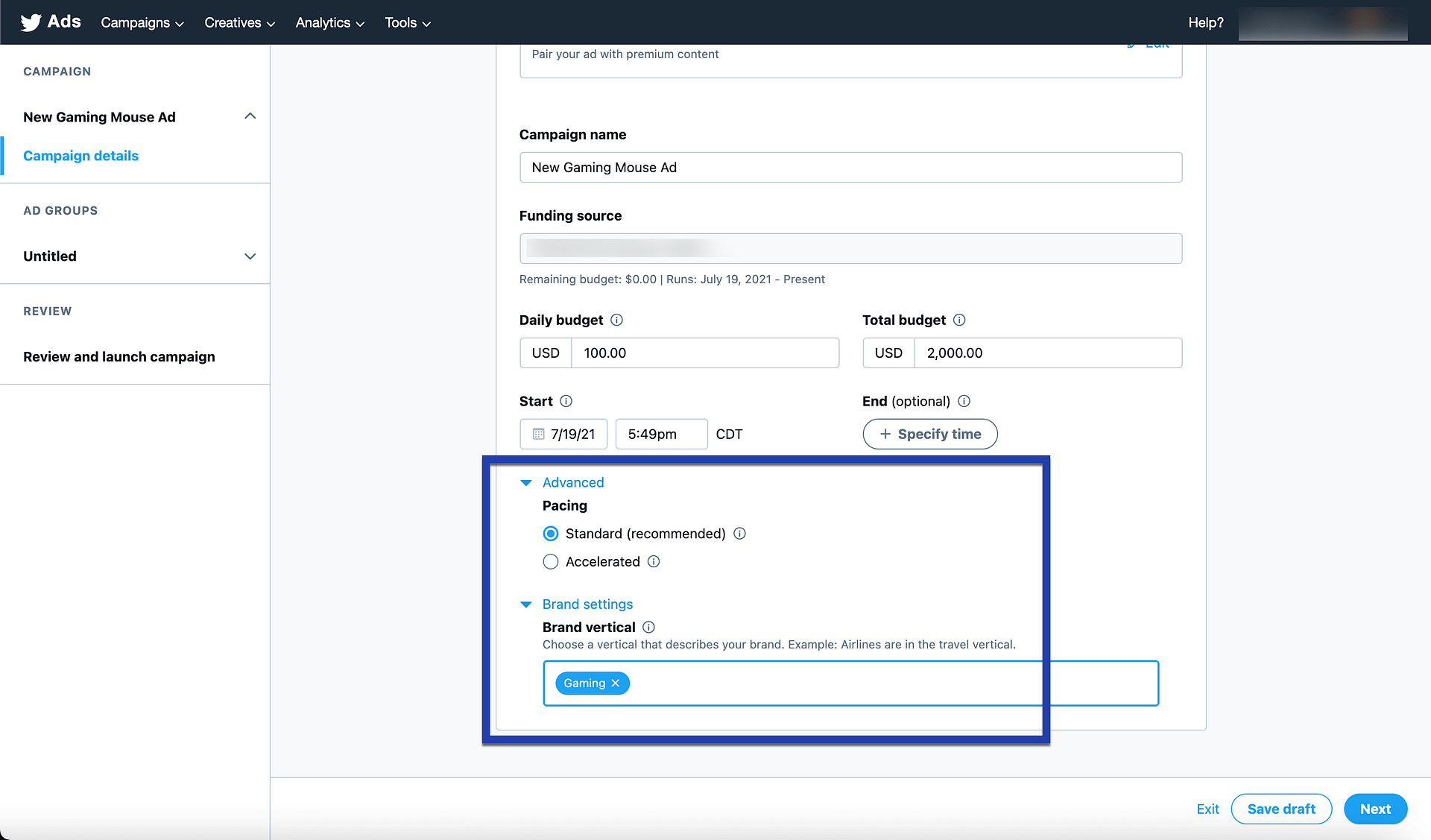 choose pacing for Twitter Amplify pre-roll ads