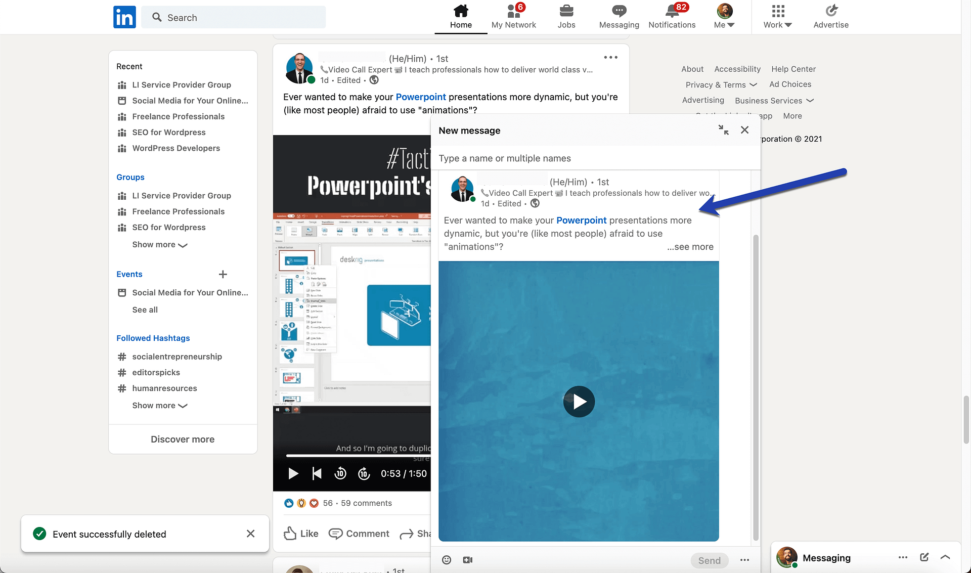 share post in LinkedIn Messages