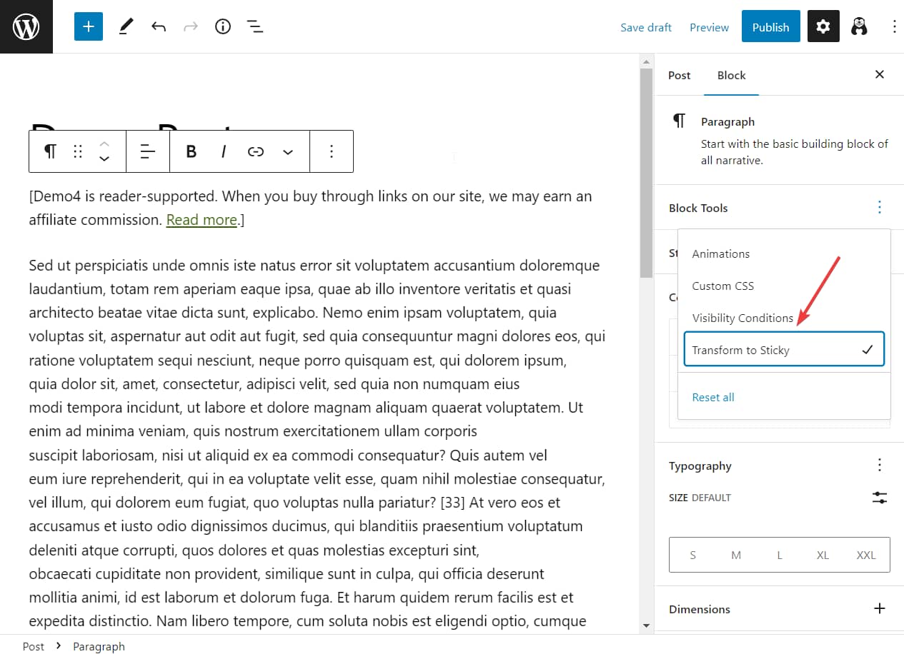 Otter Blocks WordPress notification bar option to transform to sticky