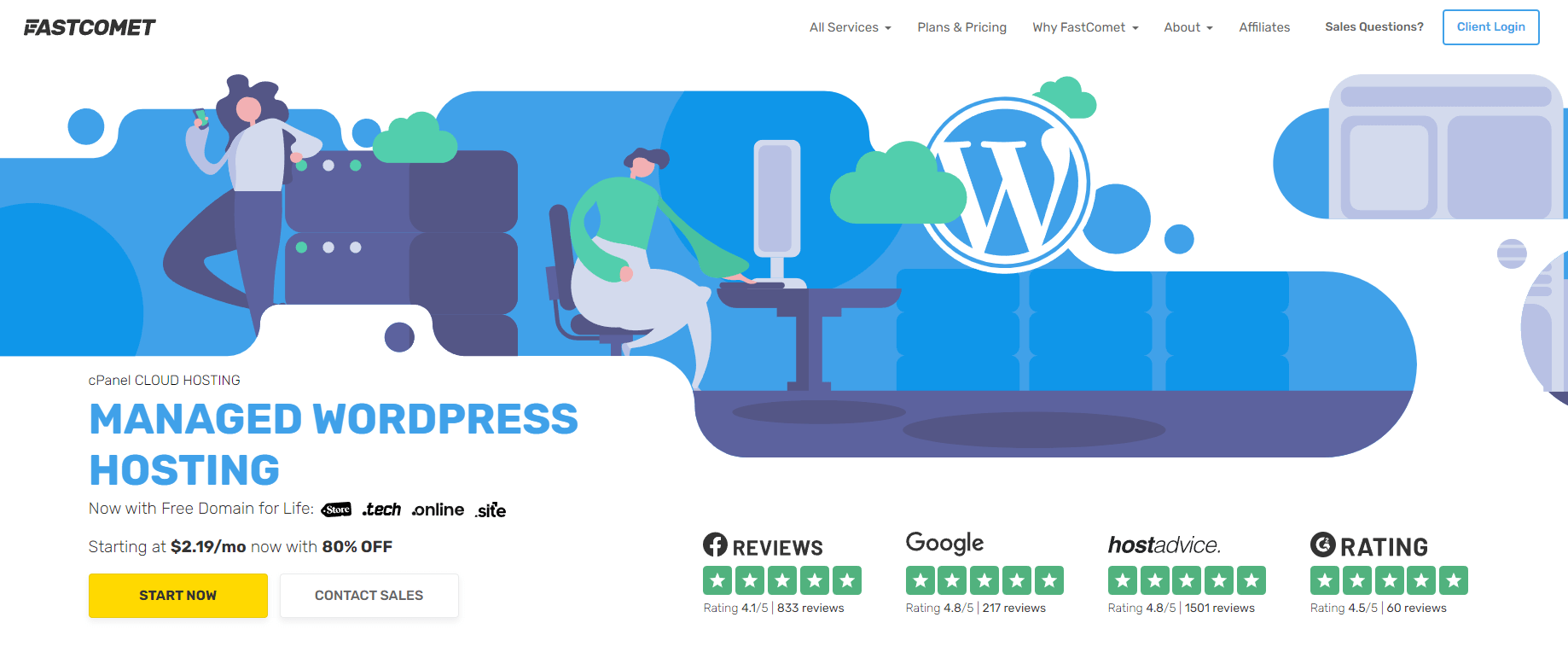 FastComet WordPress hosting page.