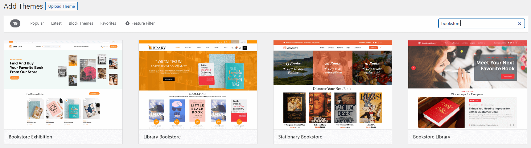 WordPress theme search for "bookstore" with three themes visible.
