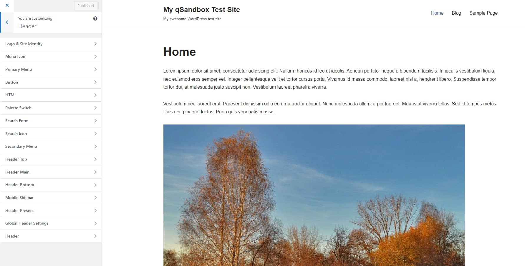 WordPress customizer with "Header" options visible in the sidebar.