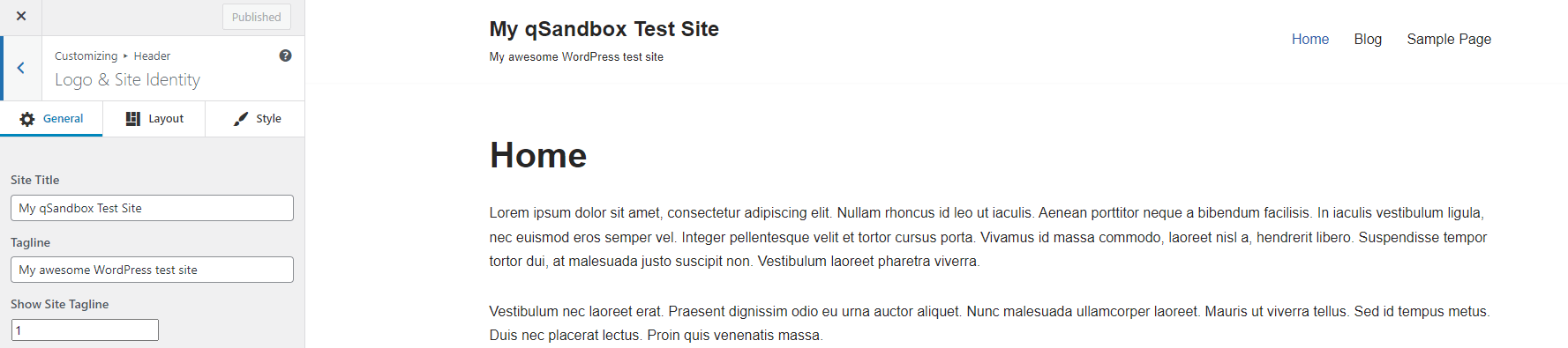 WordPress customizer with the sidebar menu open to "Logo & Site Identity".
