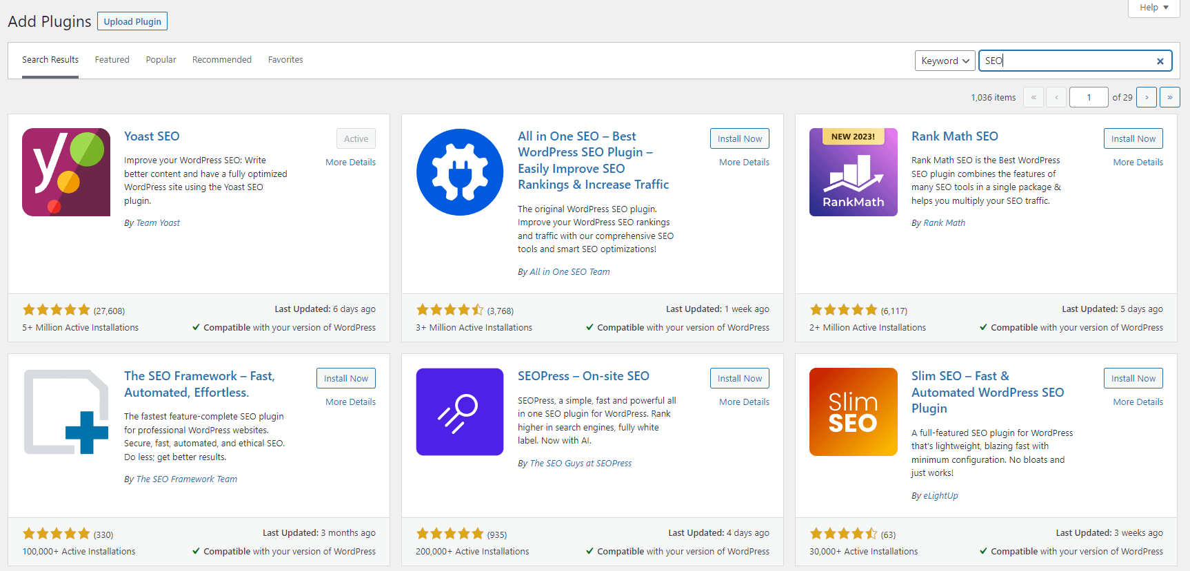 WordPress plugin library search options for "SEO".