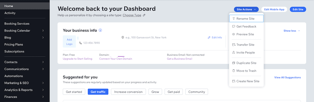 The Wix dashboard, with an expanded Site Actions drop-down menu.
