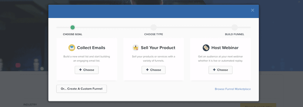 The option to choose your funnel type within ClickFunnels.