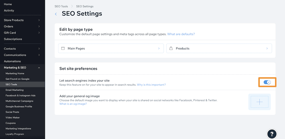Wix' SEO Settings page, with a highlighted toggle switch to stop search engines indexing a site.