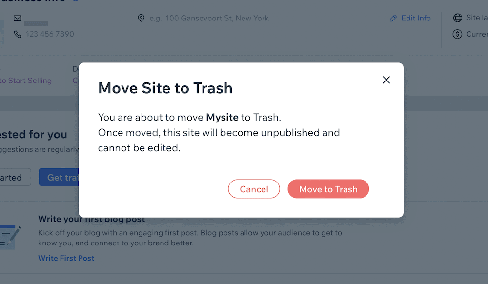 The Wix dialog asking to confirm you want to move the site to the trash.