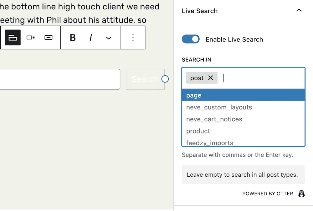 The Search In box for live search in Otter Blocks.