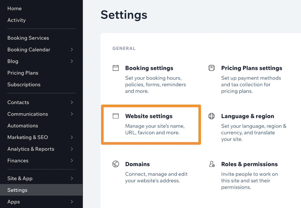 The Wix Settings screen, showing a highlighted Website Settings option.