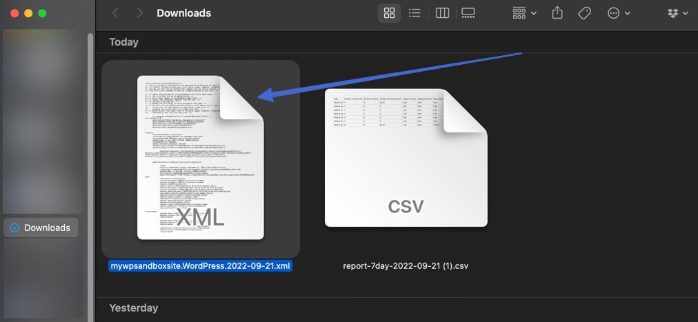 an XML file in the downloads folder