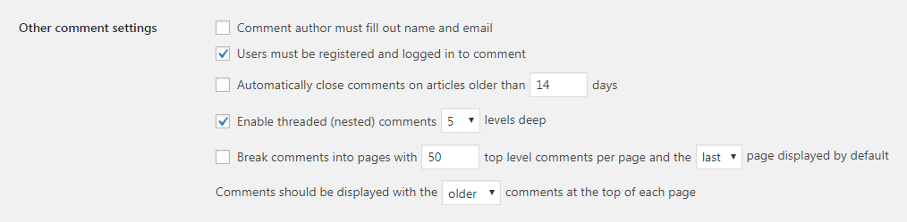 La section Autres paramètres de commentaire dans WordPress.