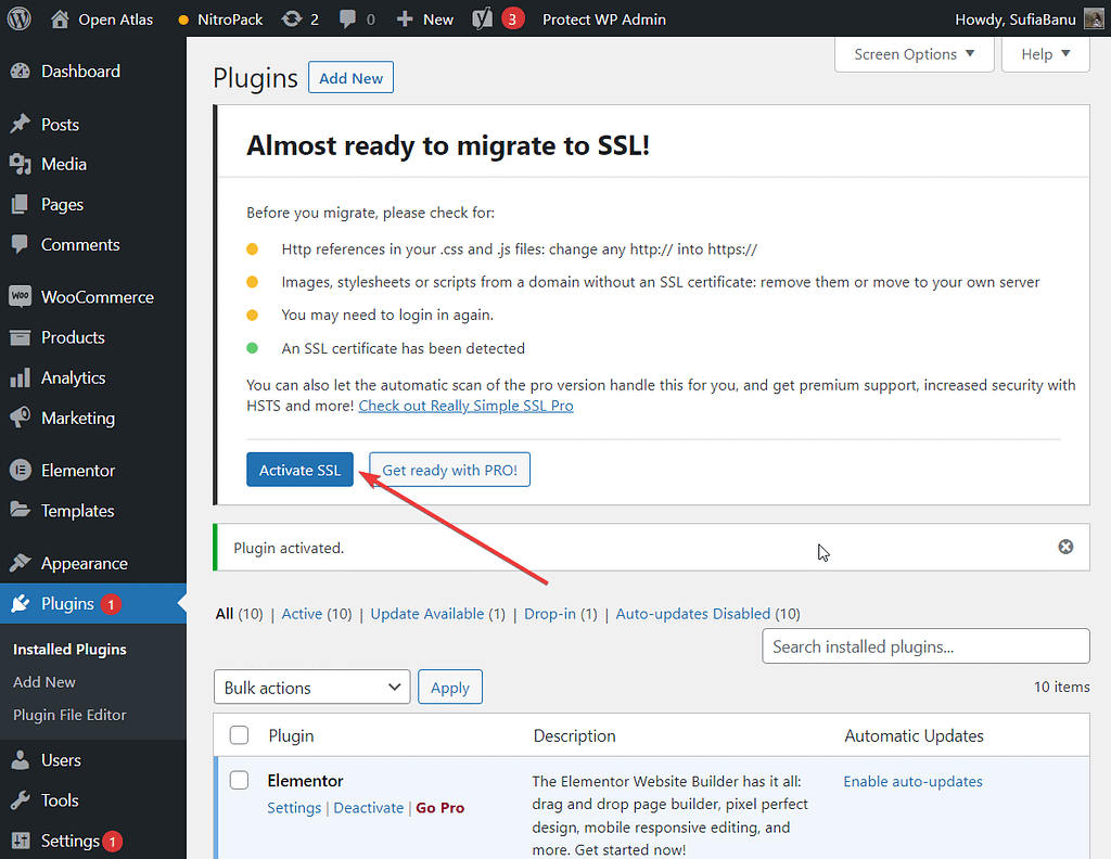 really simple ssl plugin activation - Updating failed. The response is not a valid JSON response.