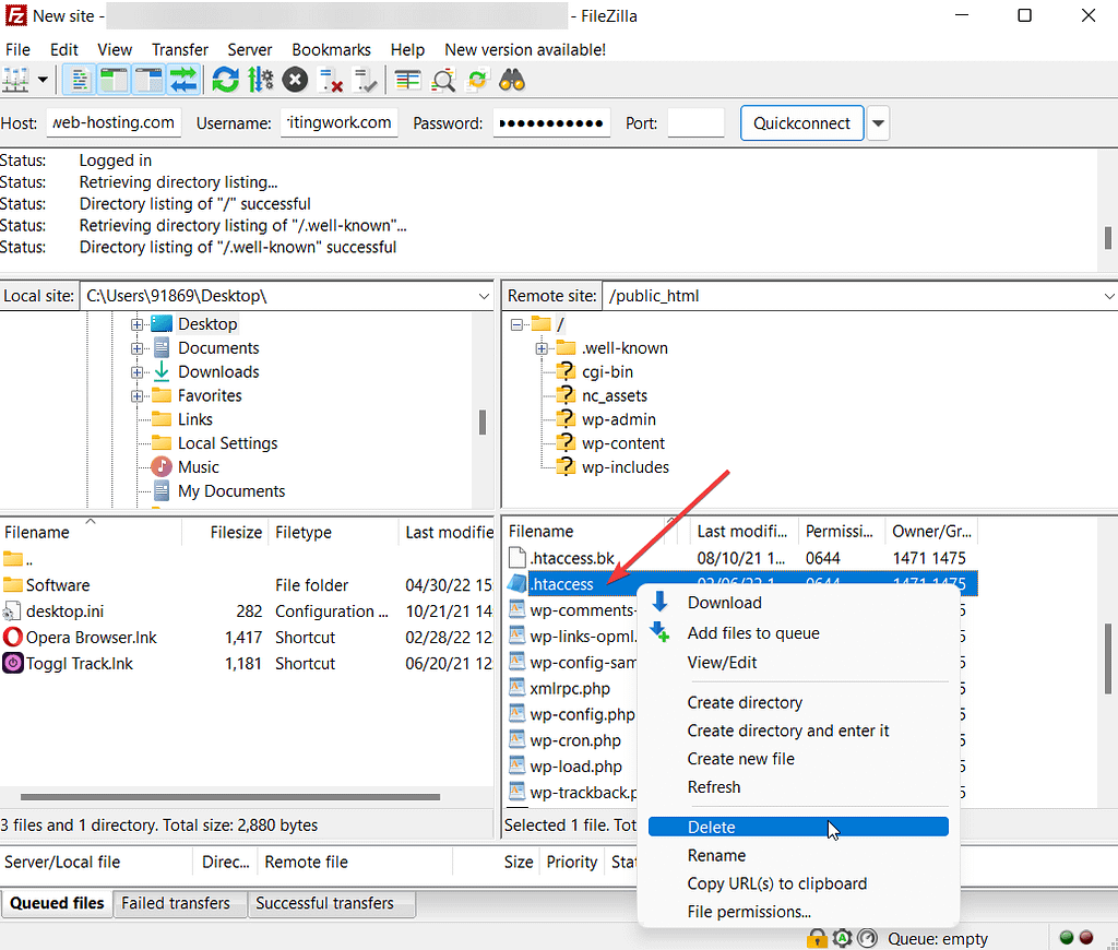 deleting htacess file in filezilla