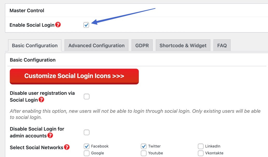 checking off the Enable Social Login box