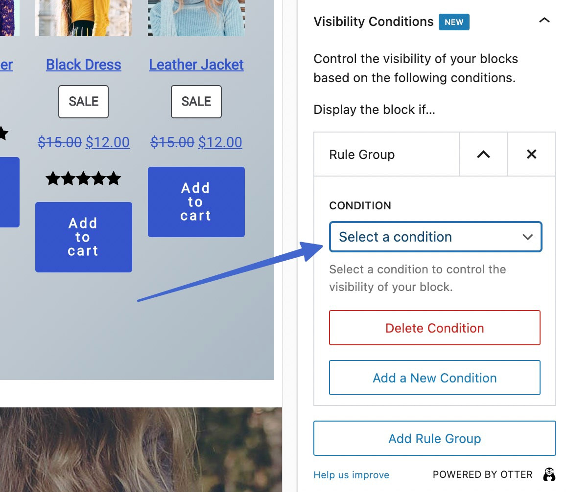 selecting a condition for WooCommerce featured products