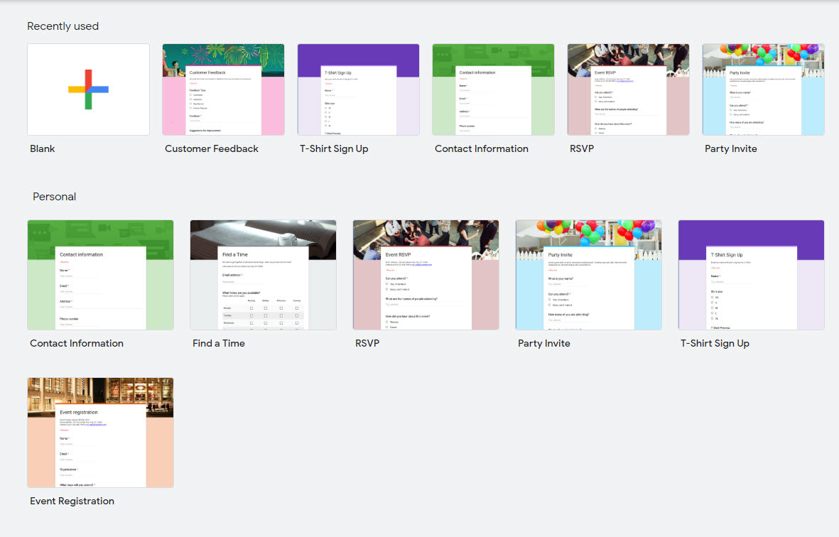 List of Google Forms templates