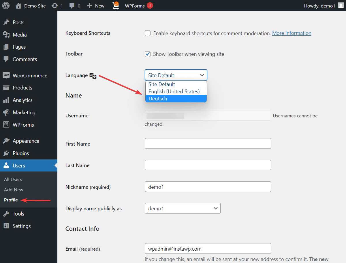 change language for wordpress user