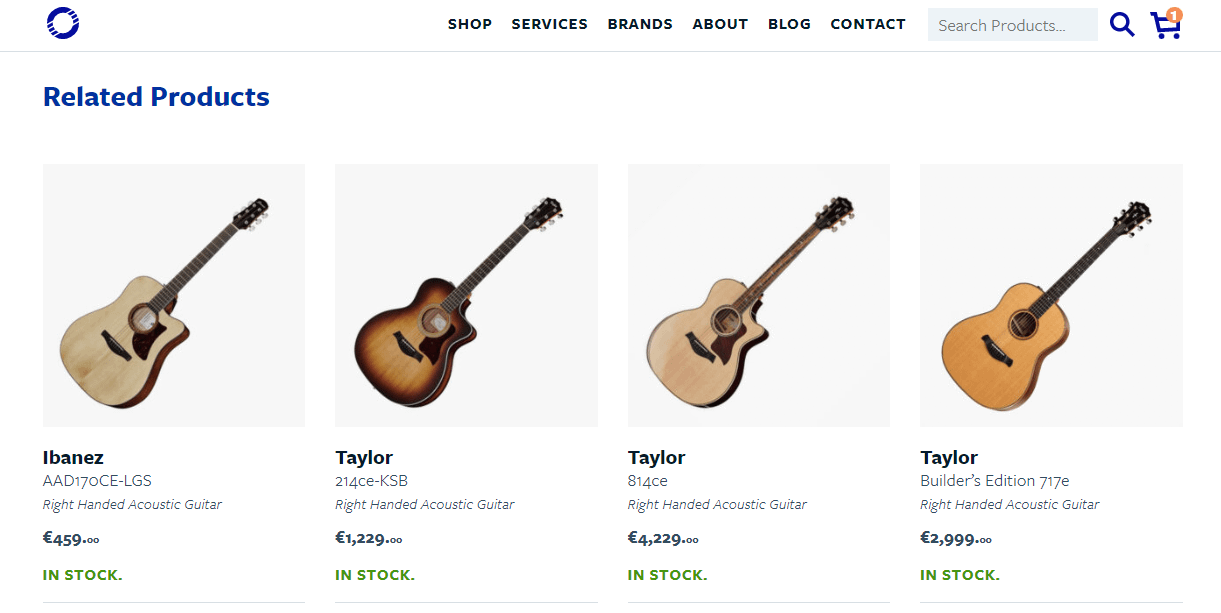 a "Related Products:" section in the online guitar store.