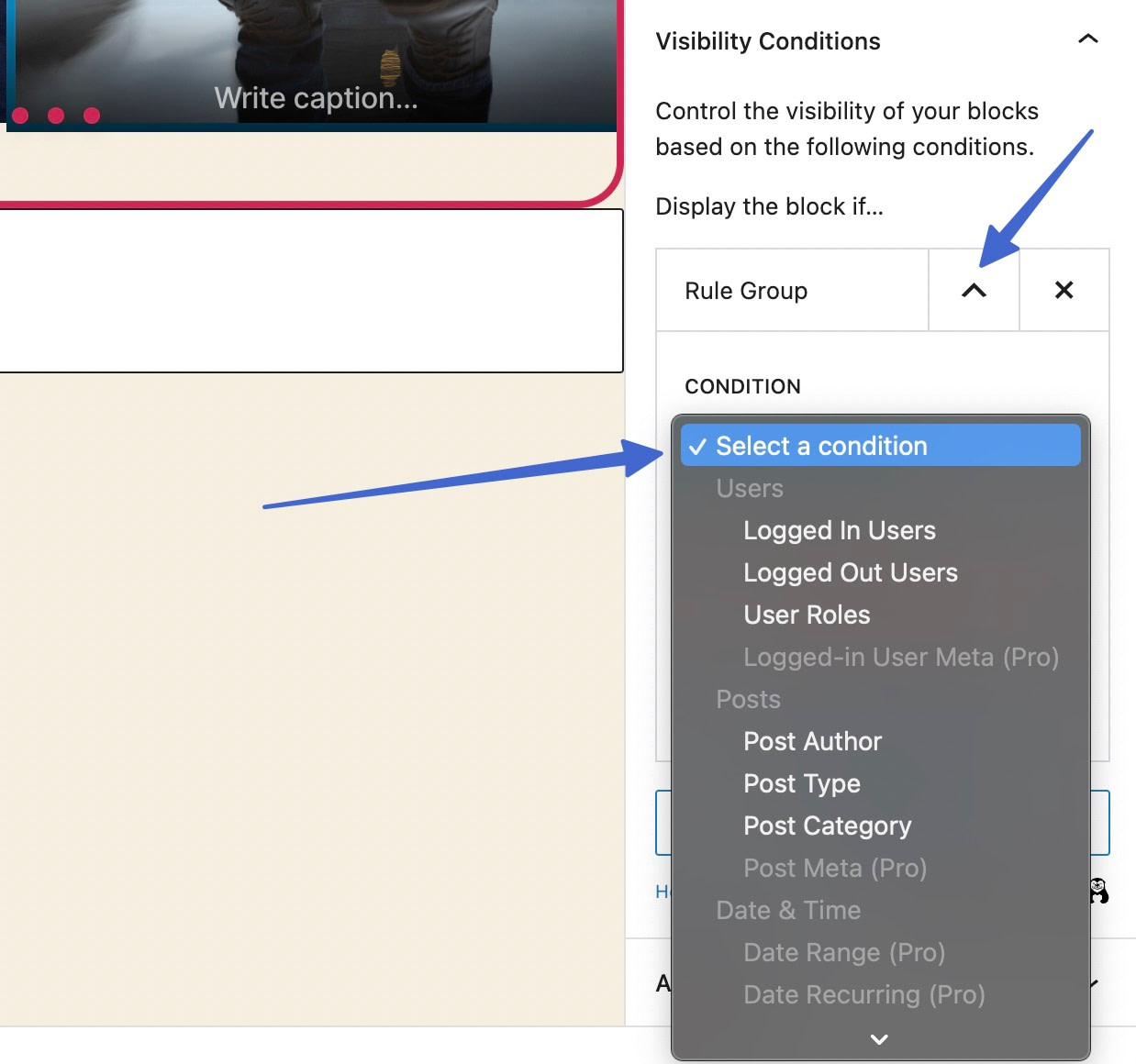 Selecting conditions in a rule group